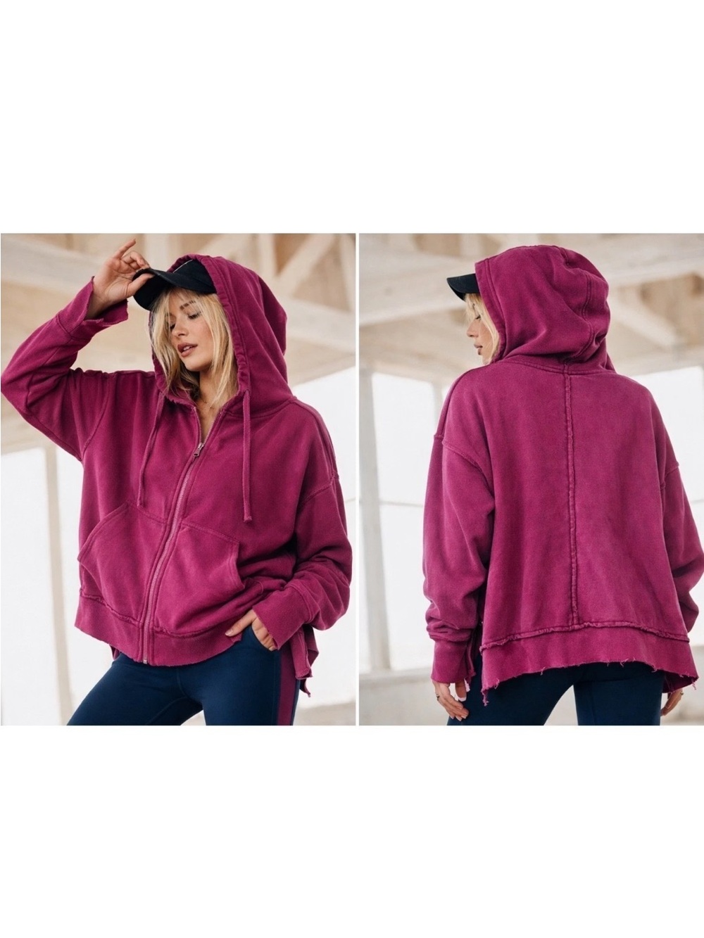 Free People Movement Only One Zip-Up Hoodie Magenta Raw Seam sz L